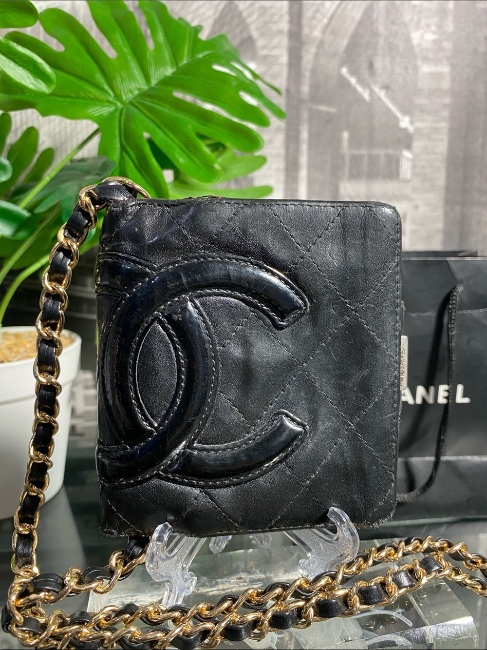 Authentic Chanel Cambon Line Quilted Black Leather Wallet